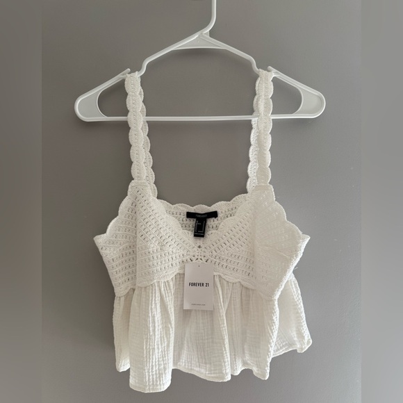 Forever 21 Tops - Forever 21 Womens White Crochet Gauze Cropped Tank Top SZ Sm New Cottage Boho